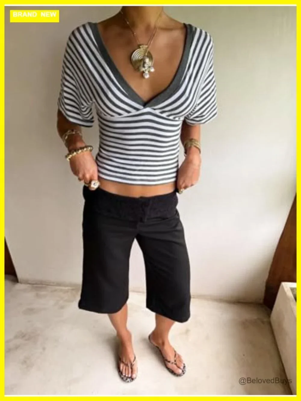 Striped V-Neck Cinched Waist Batwing Sleeve Backless Crop Top